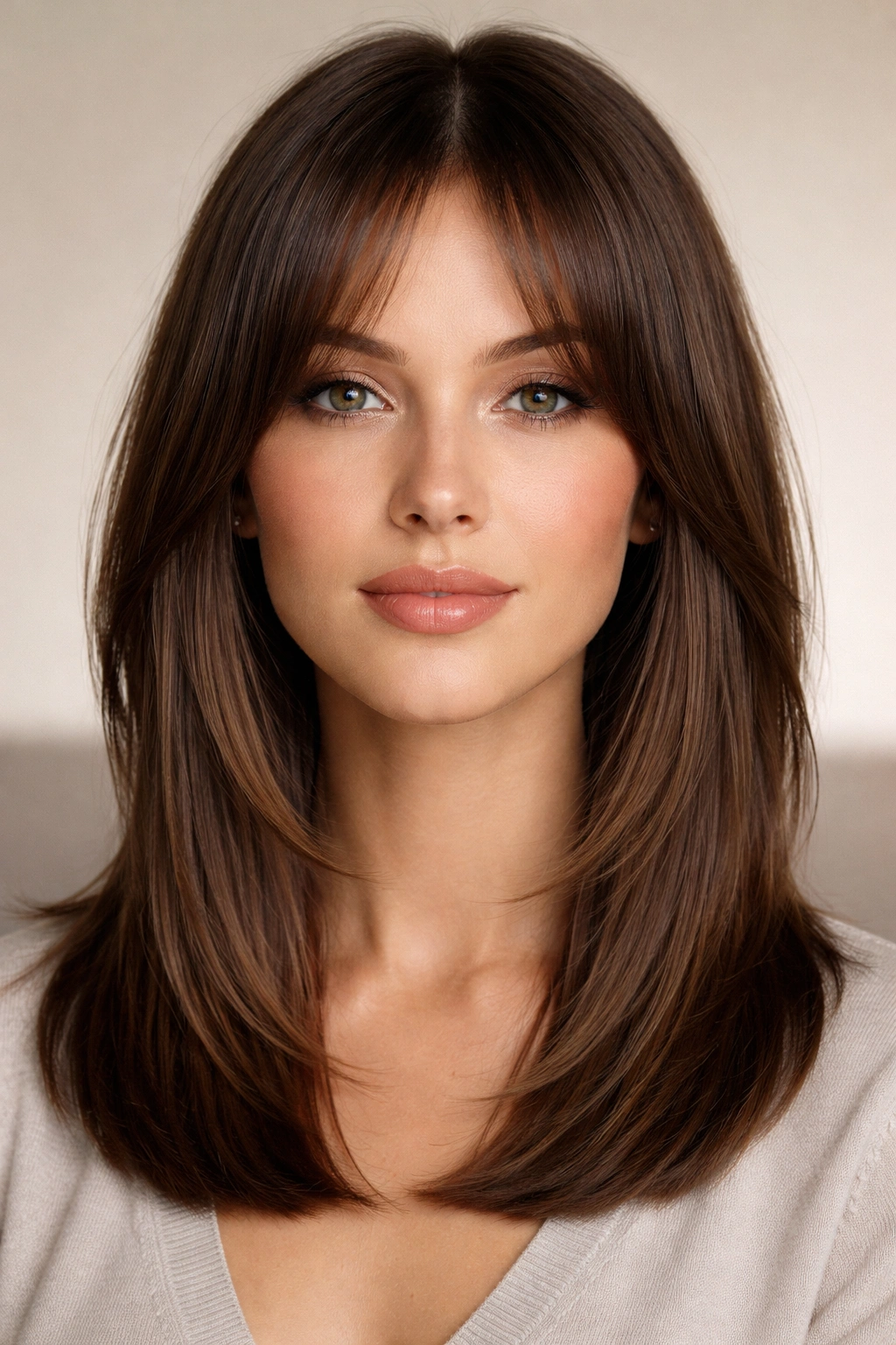 Front view of a blunt cut with face-framing layers around the cheeks