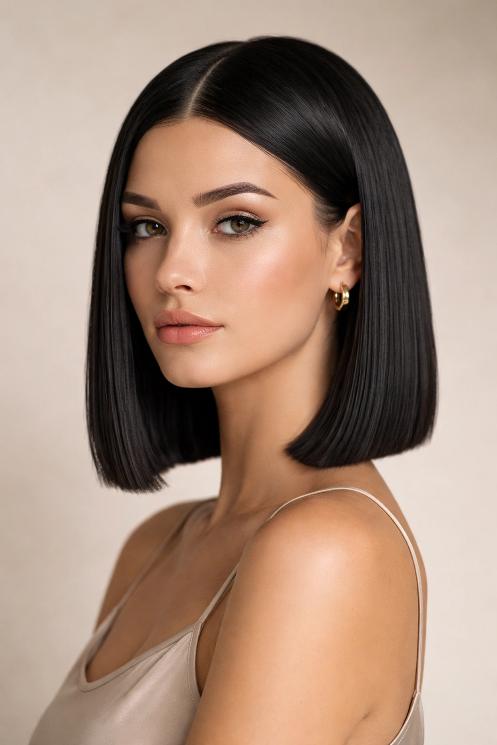 12 Short To Medium Straight Cuts That Look Clean 13 Close-up of a blunt-cut hairstyle with a sharp straight line, studio lighting