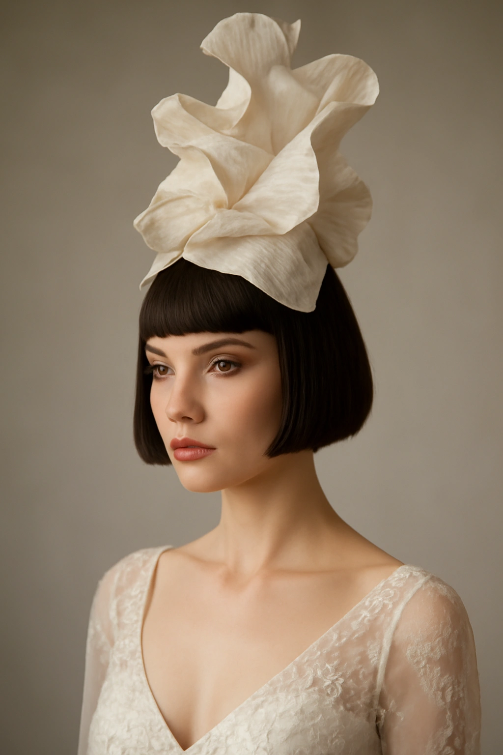 Getting Married With Short Hair? 10 Bridal Looks 10 Bridal blunt-cut hairstyle with a dramatic headpiece.