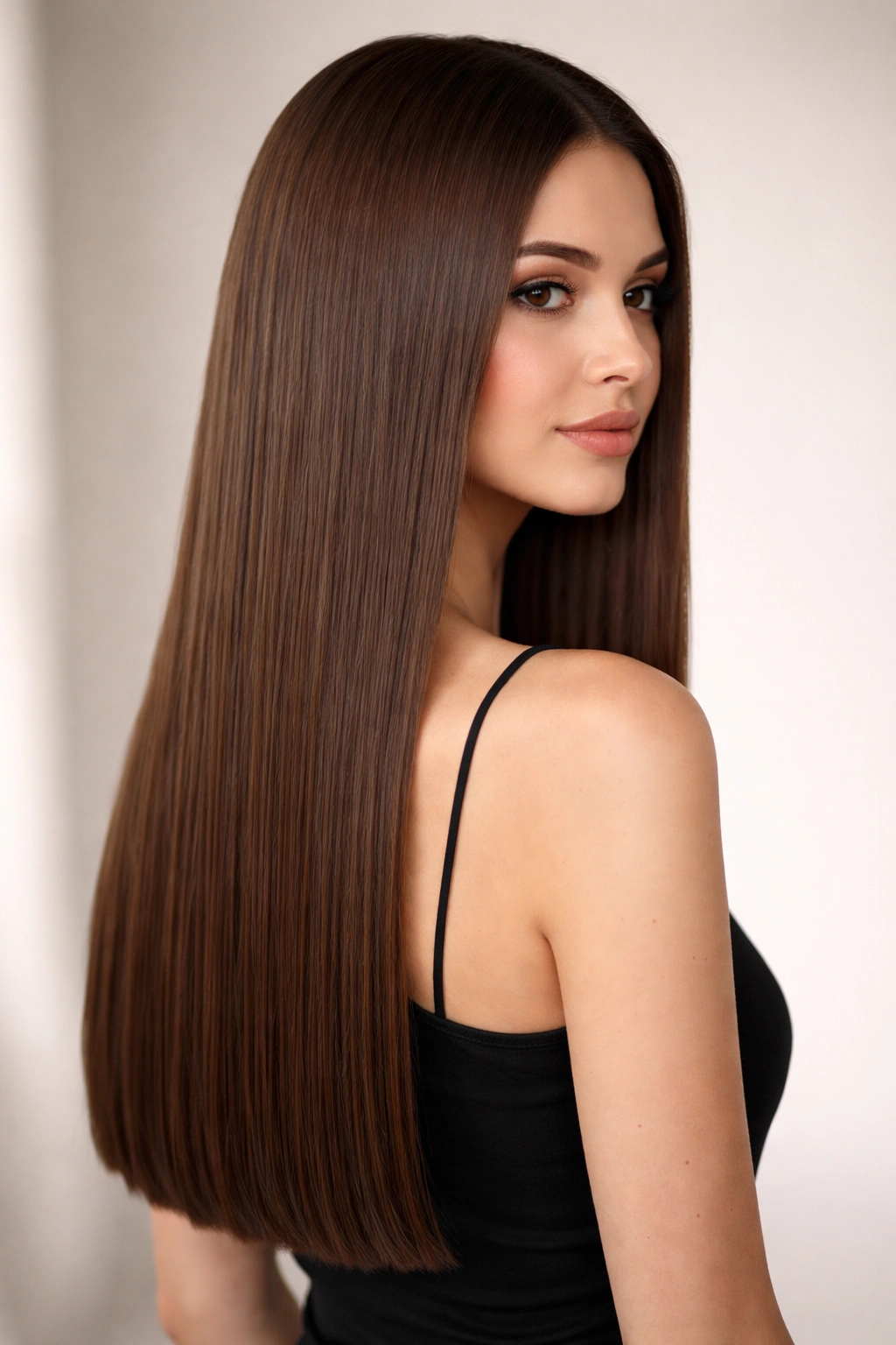 Close-up of long hair with a blunt cut and minimal layers, sharp even ends