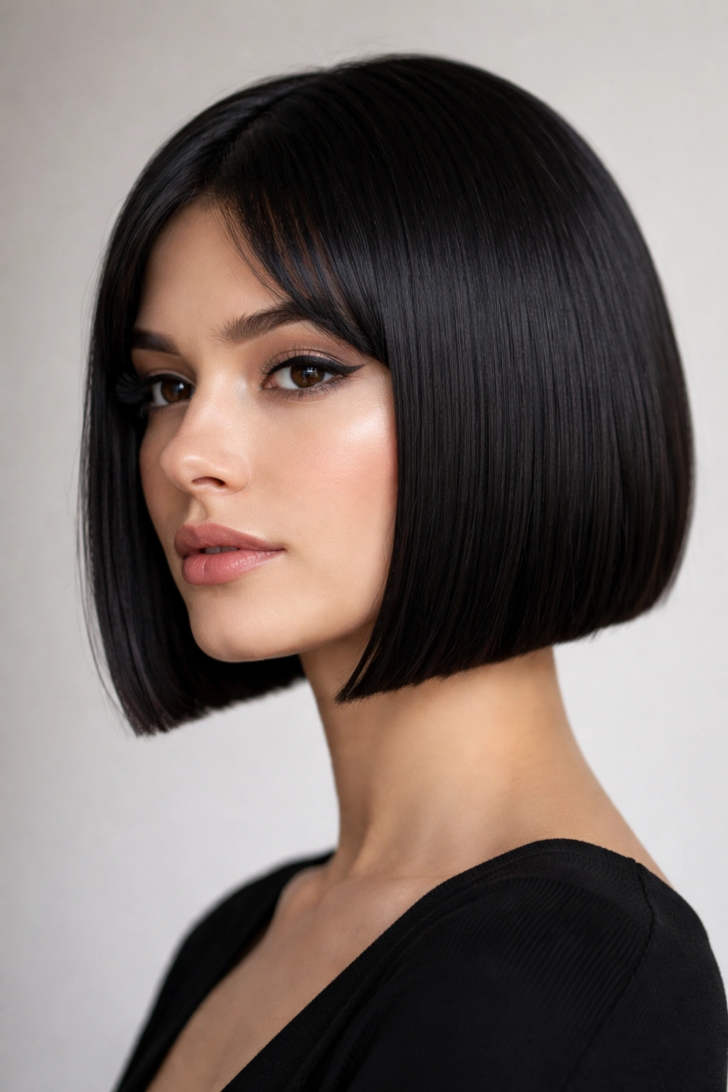 Close-up of a chin-length blunt haircut with sharp, precise edges and subtle wave