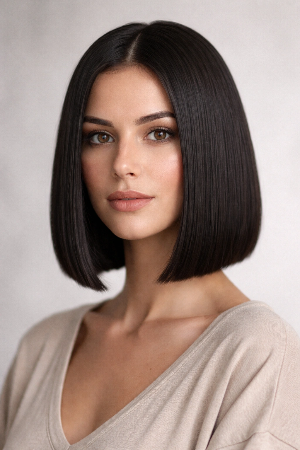 Portrait of someone with a sleek blunt haircut with a sharp edge.