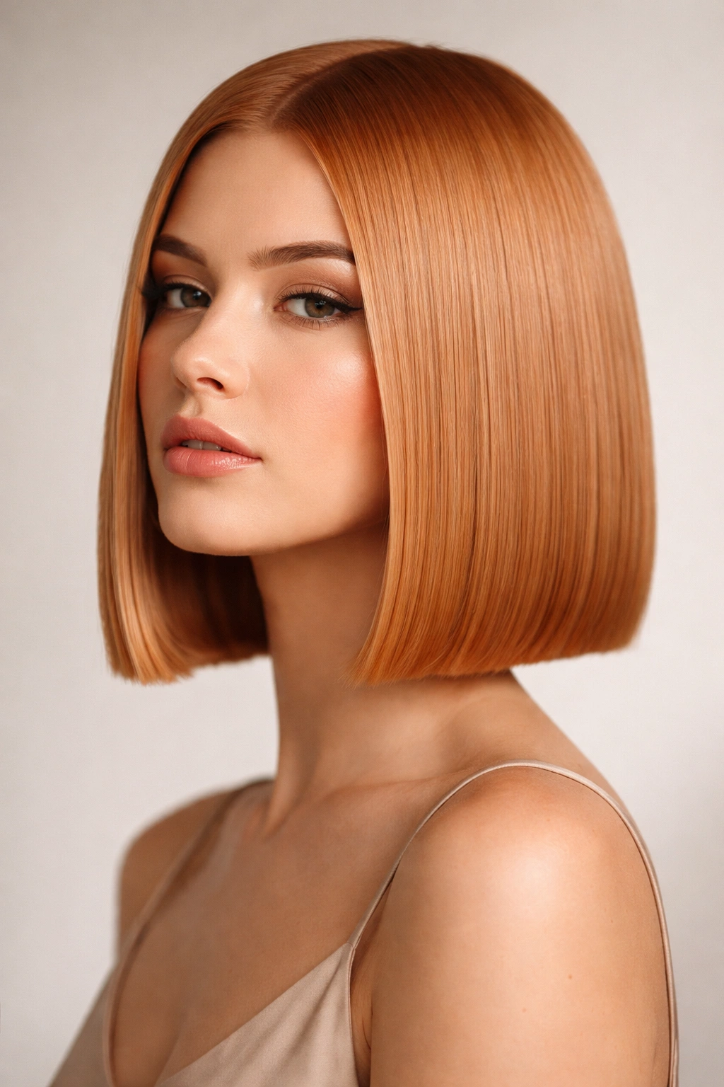 Close-up of a blunt-cut strawberry blonde hairstyle with a sharp edge.