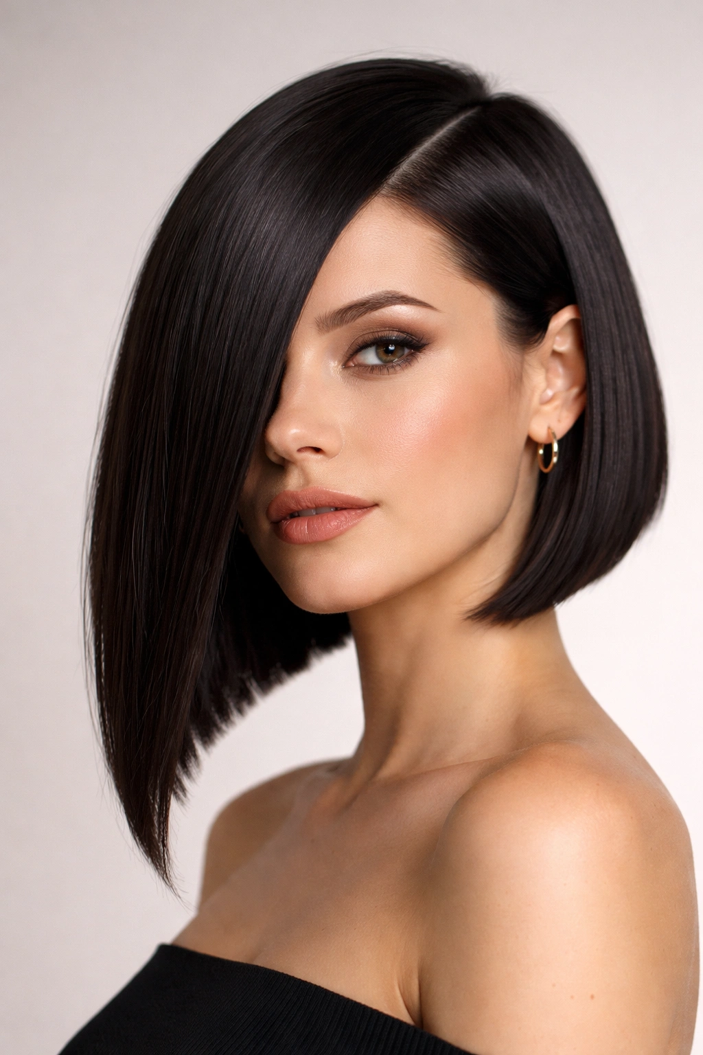 Close-up portrait of blunt diagonal bob with sharp diagonal line and glossy finish