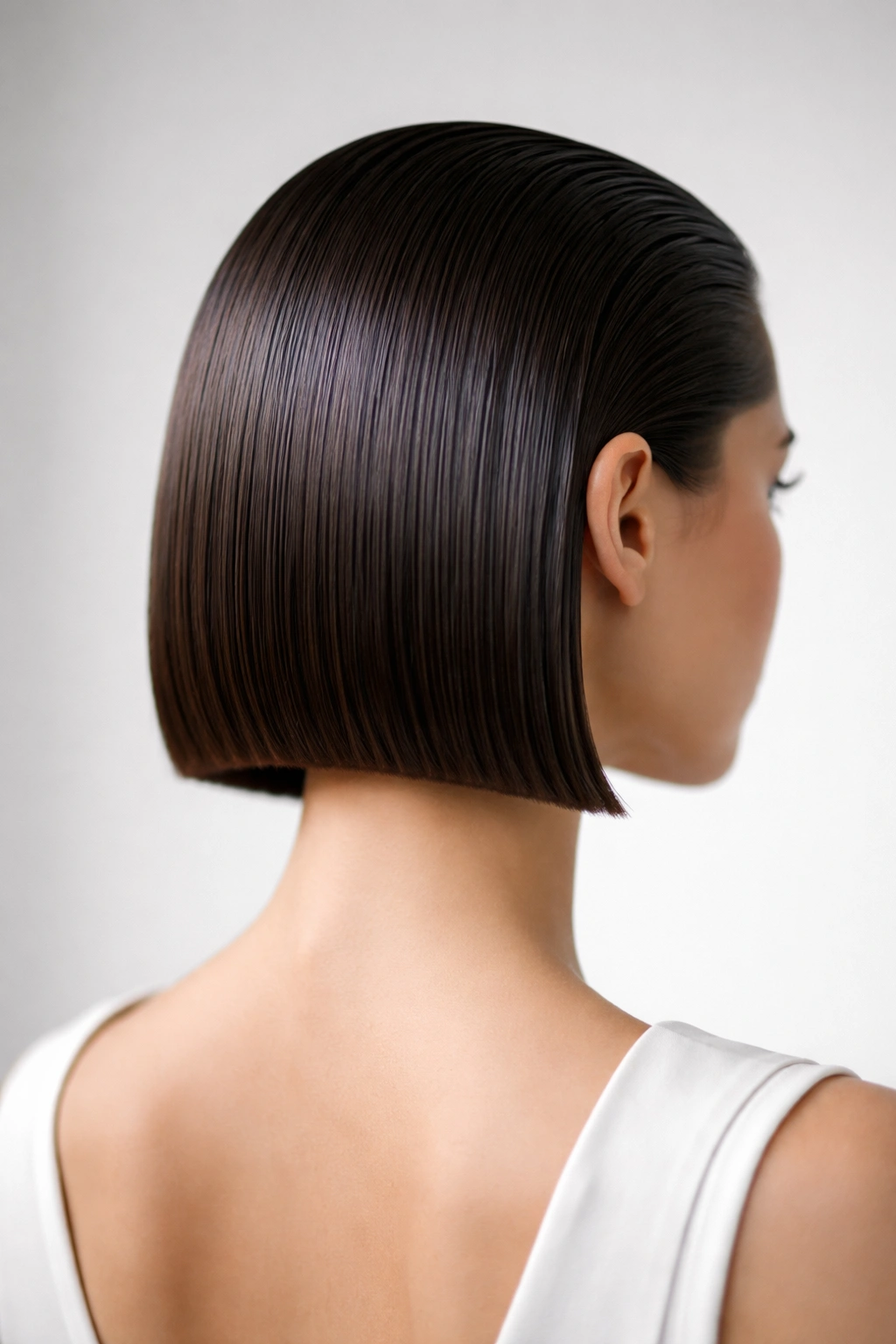 Back view of minimal blunt-edge bob with sharp straight edge