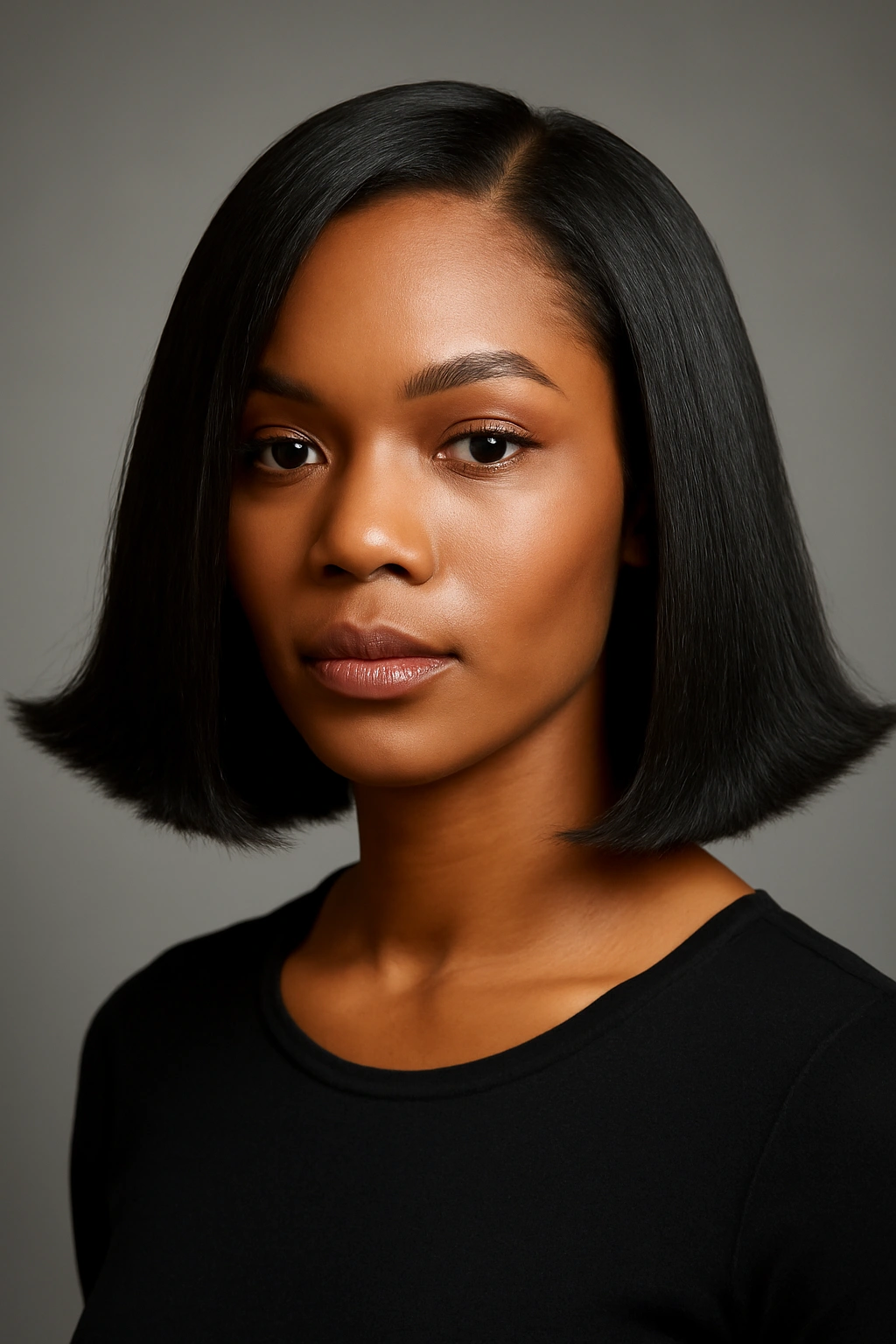 10 Flip Hairstyles Black Women Always Look Great In 1 Close-up of The Classic Blunt-Edge Flip on a Black woman with shoulder-length straight hair and outward flipped ends