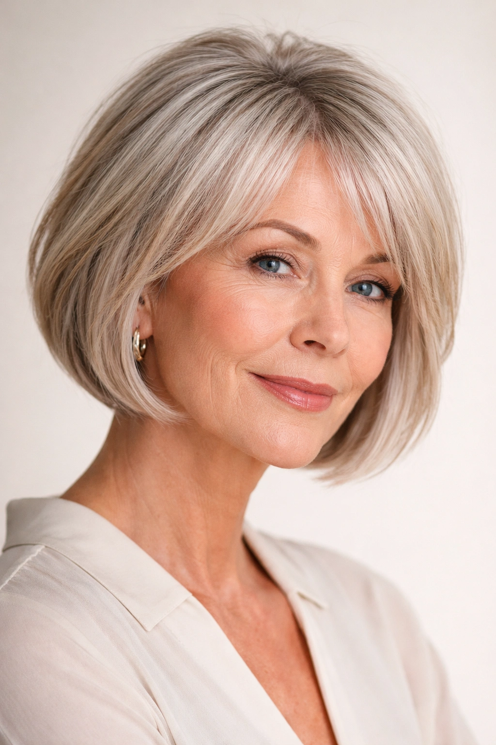 20 Haircuts For Women Over 60 By Face Shape 10 Blunt-edged bob hairstyle with textured crown on a heart-shaped face
