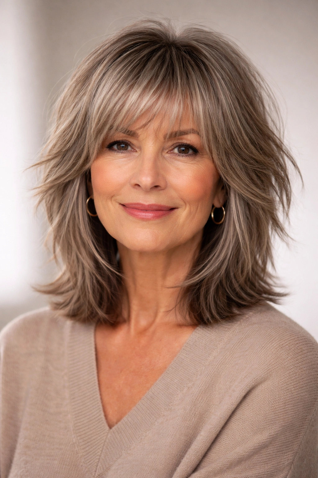 Mature woman with blunt-edged textured shag showing mid-length layers
