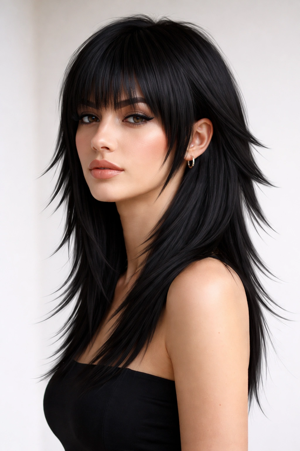 Blunt-edged wolf cut with geometric layers on straight hair