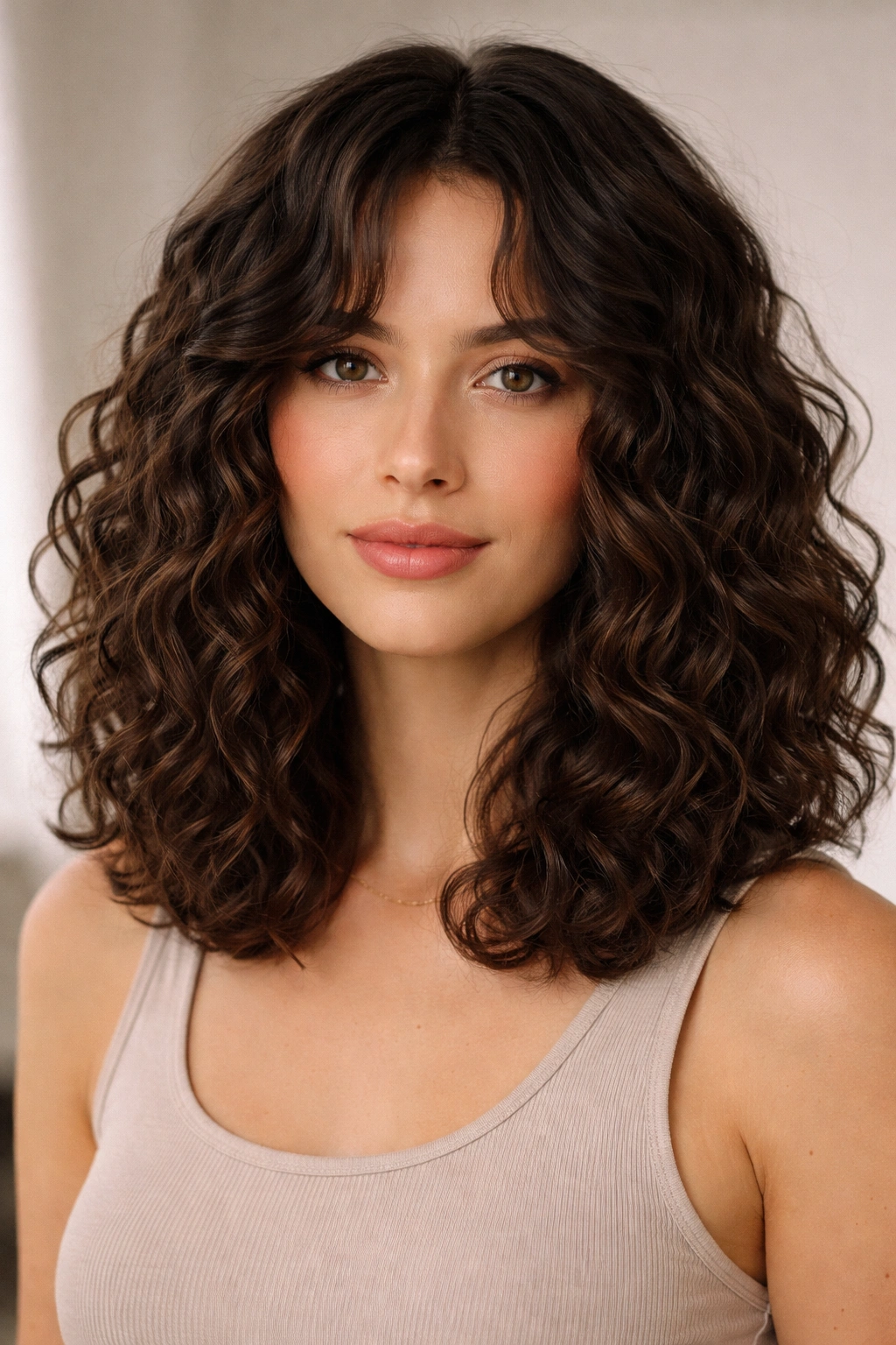 Close-up of a blunt-end curly lob with minimal layering at mid-shoulder length