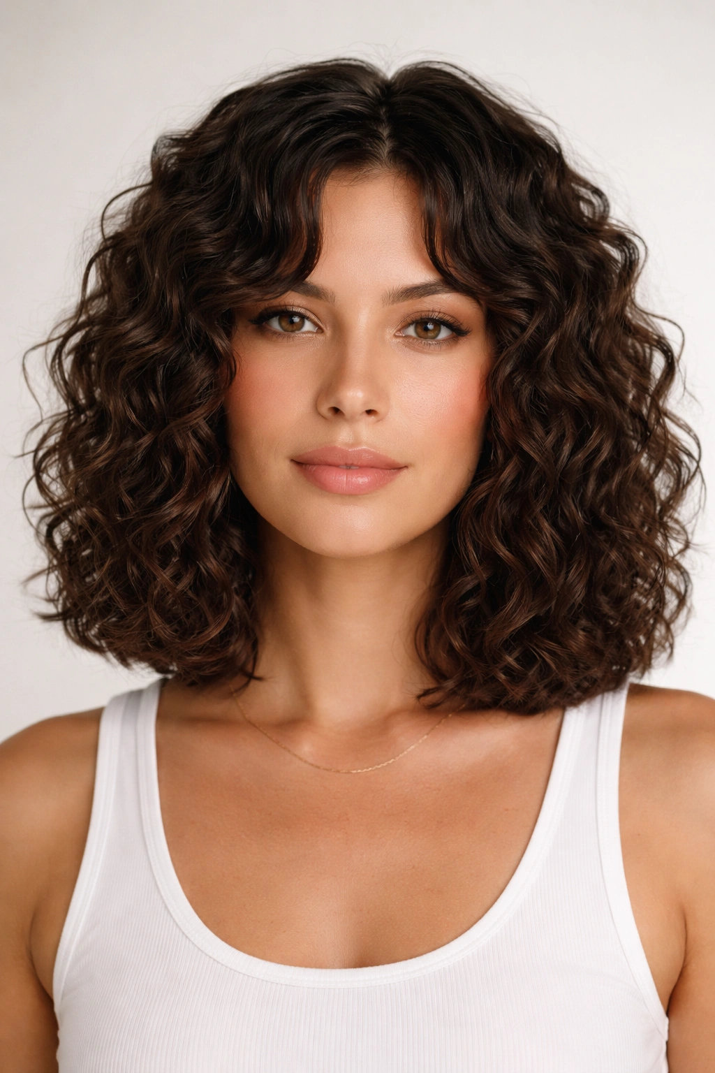 Precision cut hairstyle with blunt ends creating a sharp defined shape in curls.