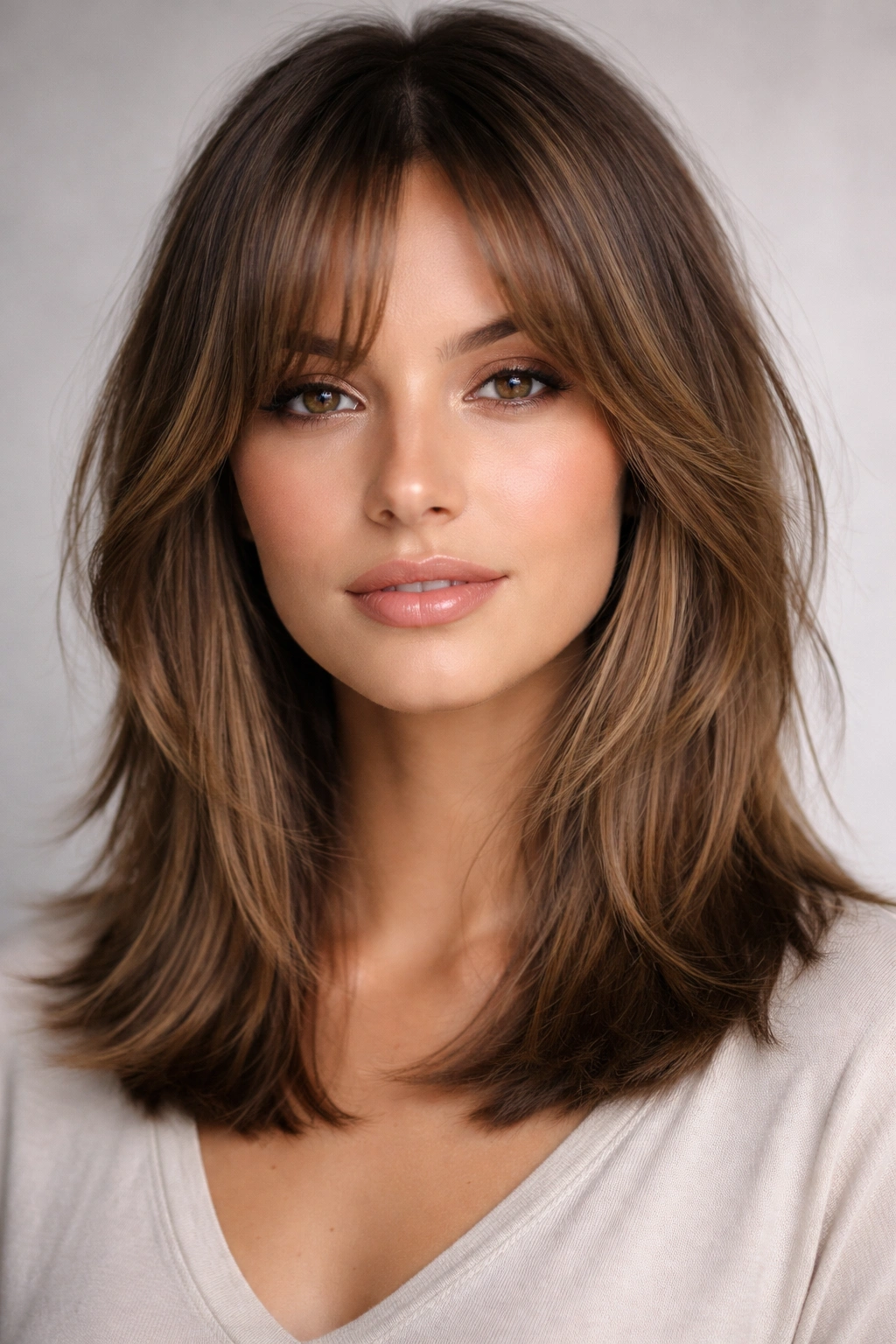 Close-up of medium-length hair with blunt ends and choppy face-framing layers