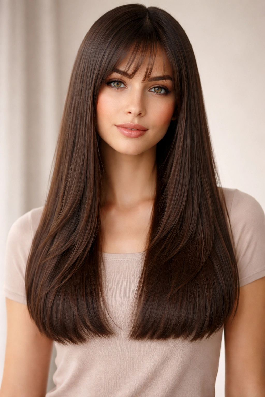 Close-up of straight hair with blunt ends and hidden interior layers for movement