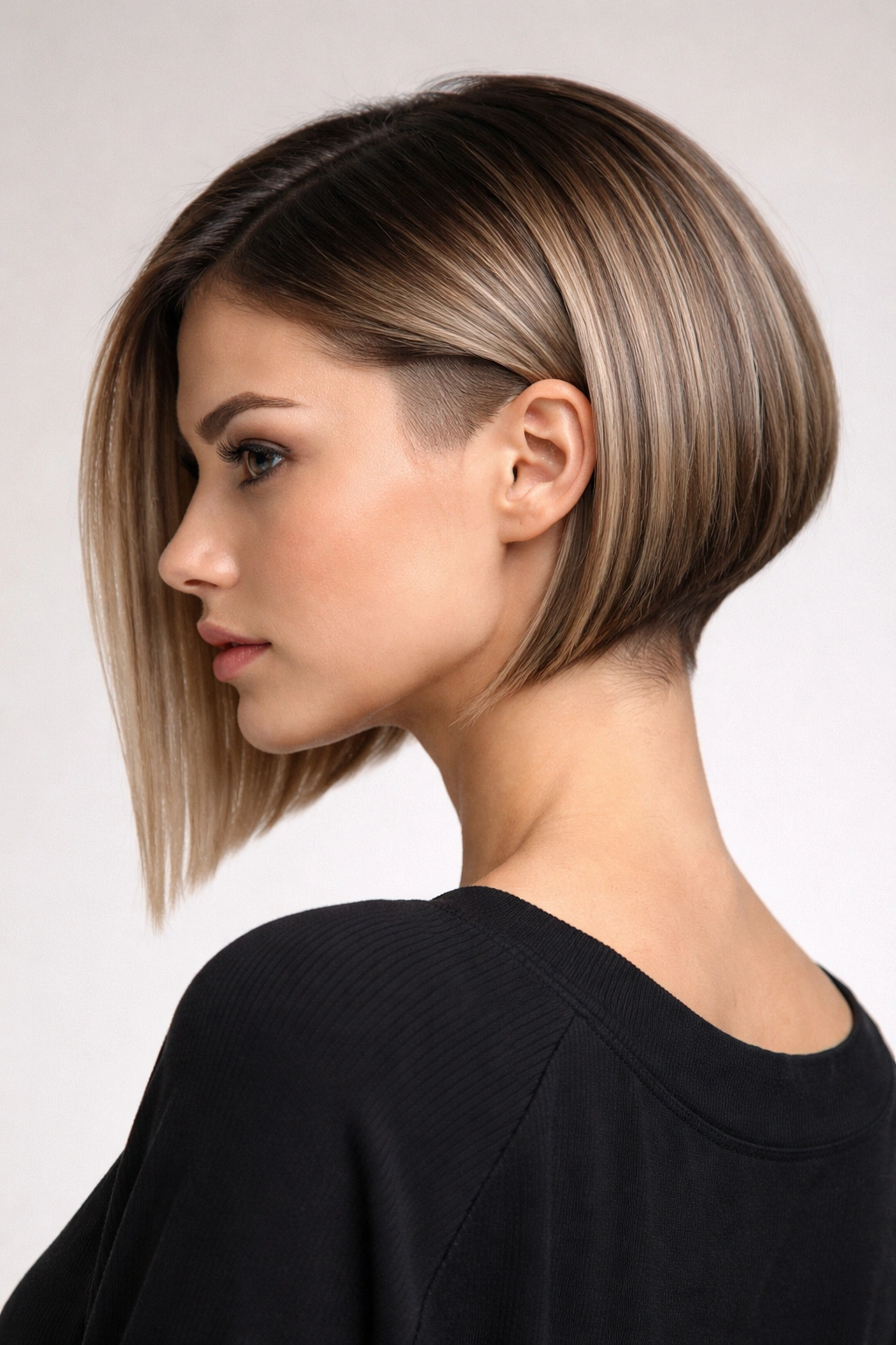 Blunt-ended inverted bob with visible undercut and sleek top