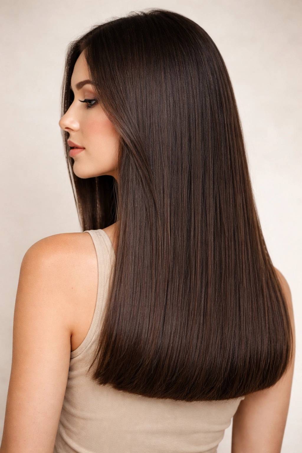 Close-up of long hair with thick blunt ends and minimal layers in a studio setting