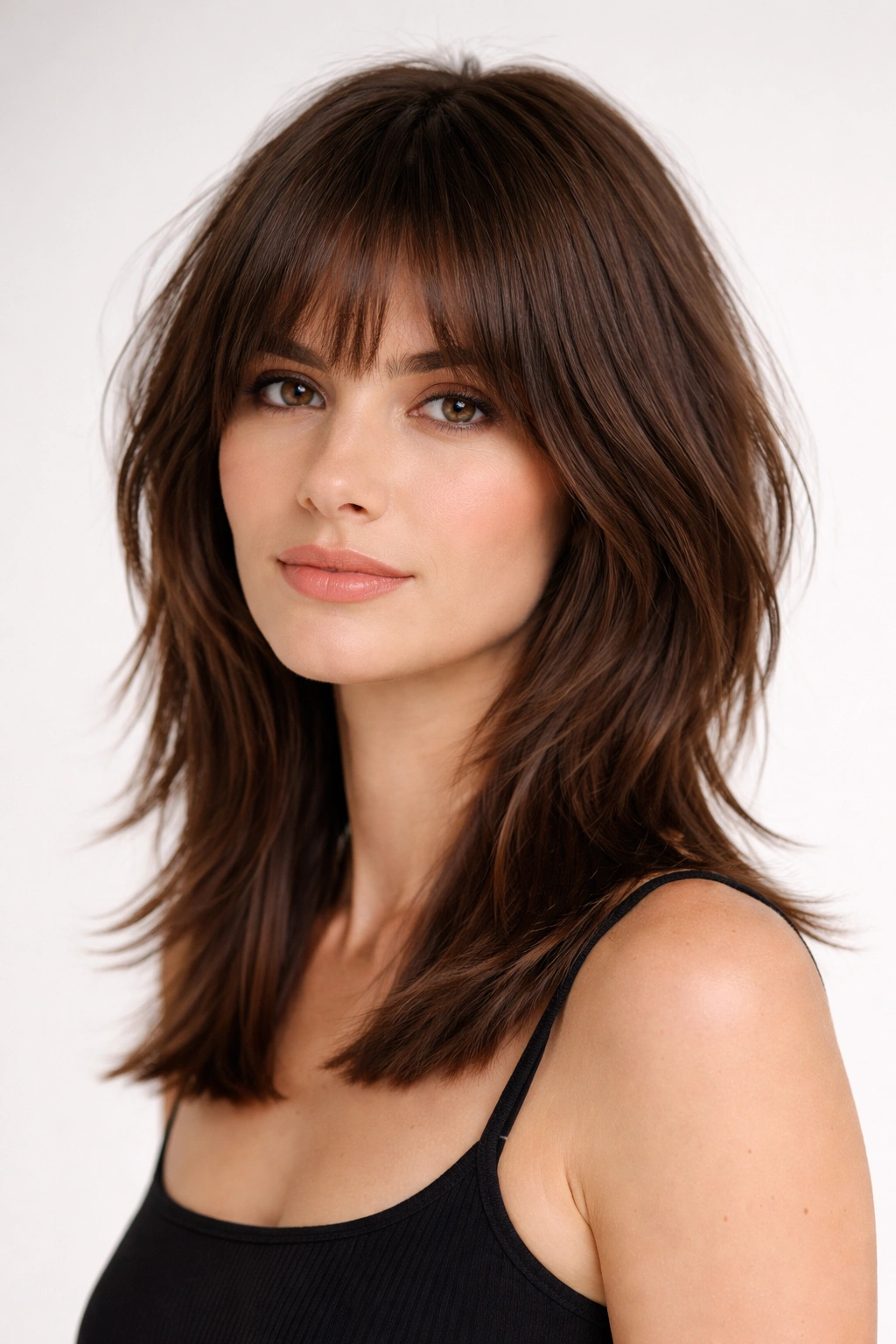 Frontal portrait of a model with Blunt-Ends Shag showing crisp edge at the ends