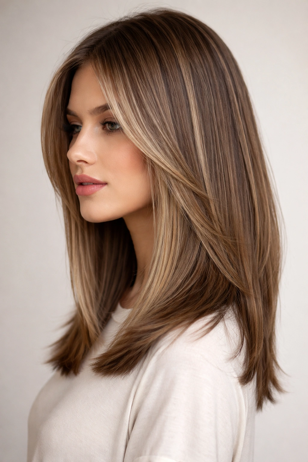 Close-up of straight hair with crisp blunt ends and subtle layers