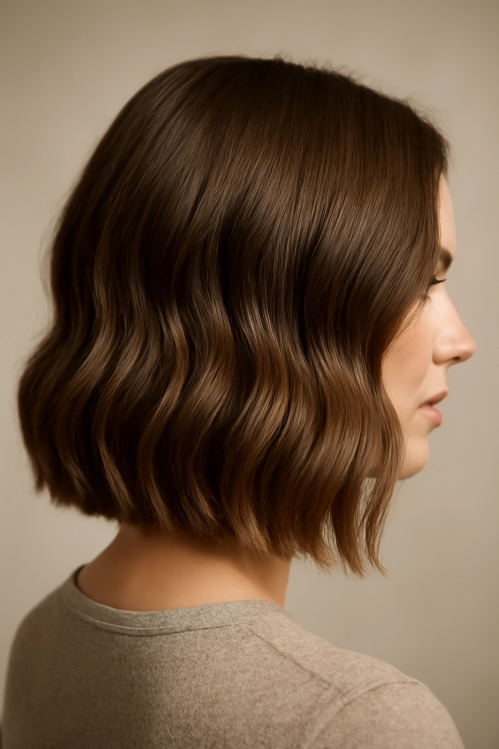 Close-up of blunt-cut hairstyle with subtle waves at the ends highlighting a polished silhouette