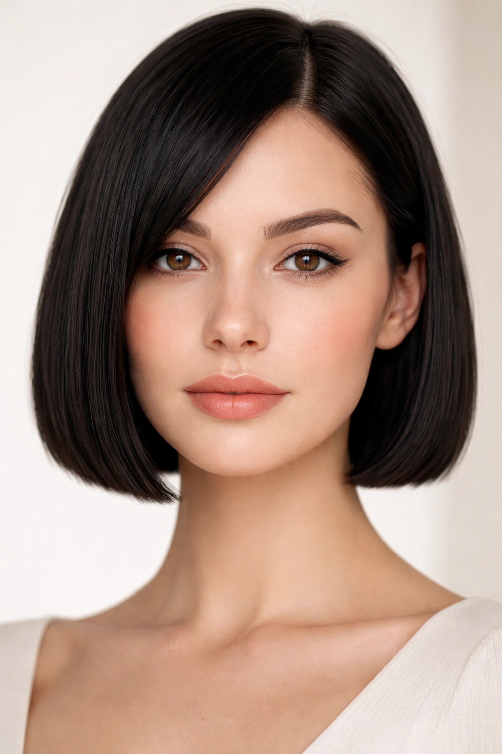 Oval-faced person with blunt French bob and straight hair, front view