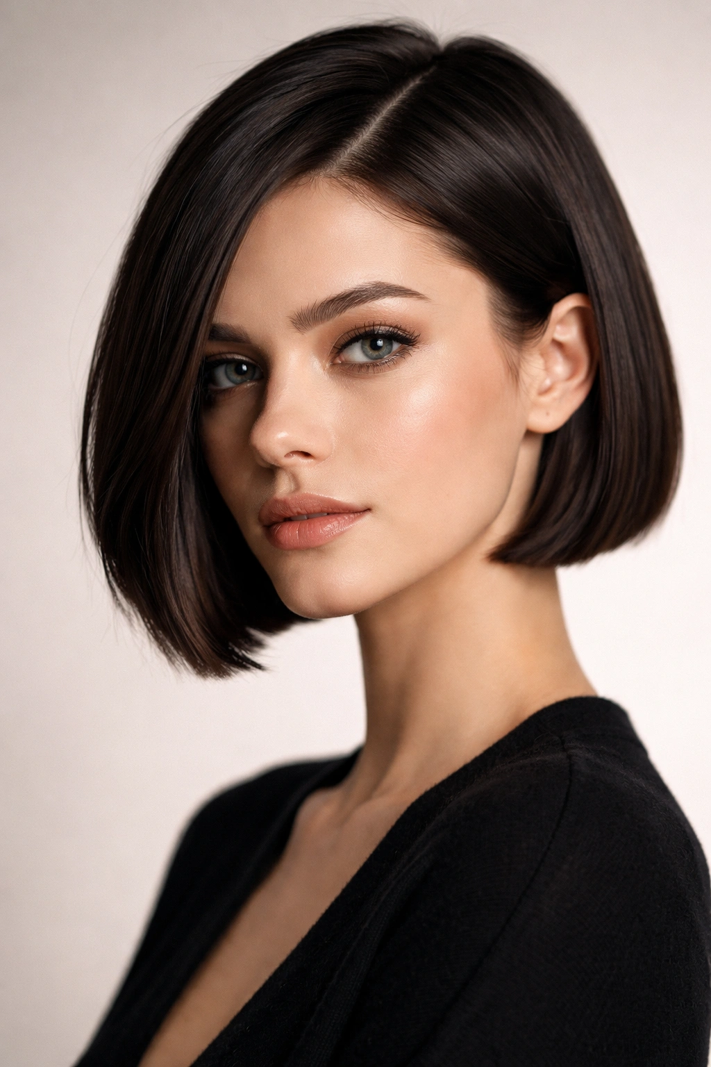 Close-up of blunt French bob with sharp side-part on a chin-length cut