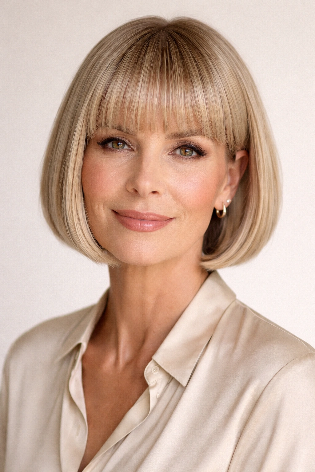 Close-up portrait of a model with blunt fringe bob featuring straight-across bangs and a chin-length cut.