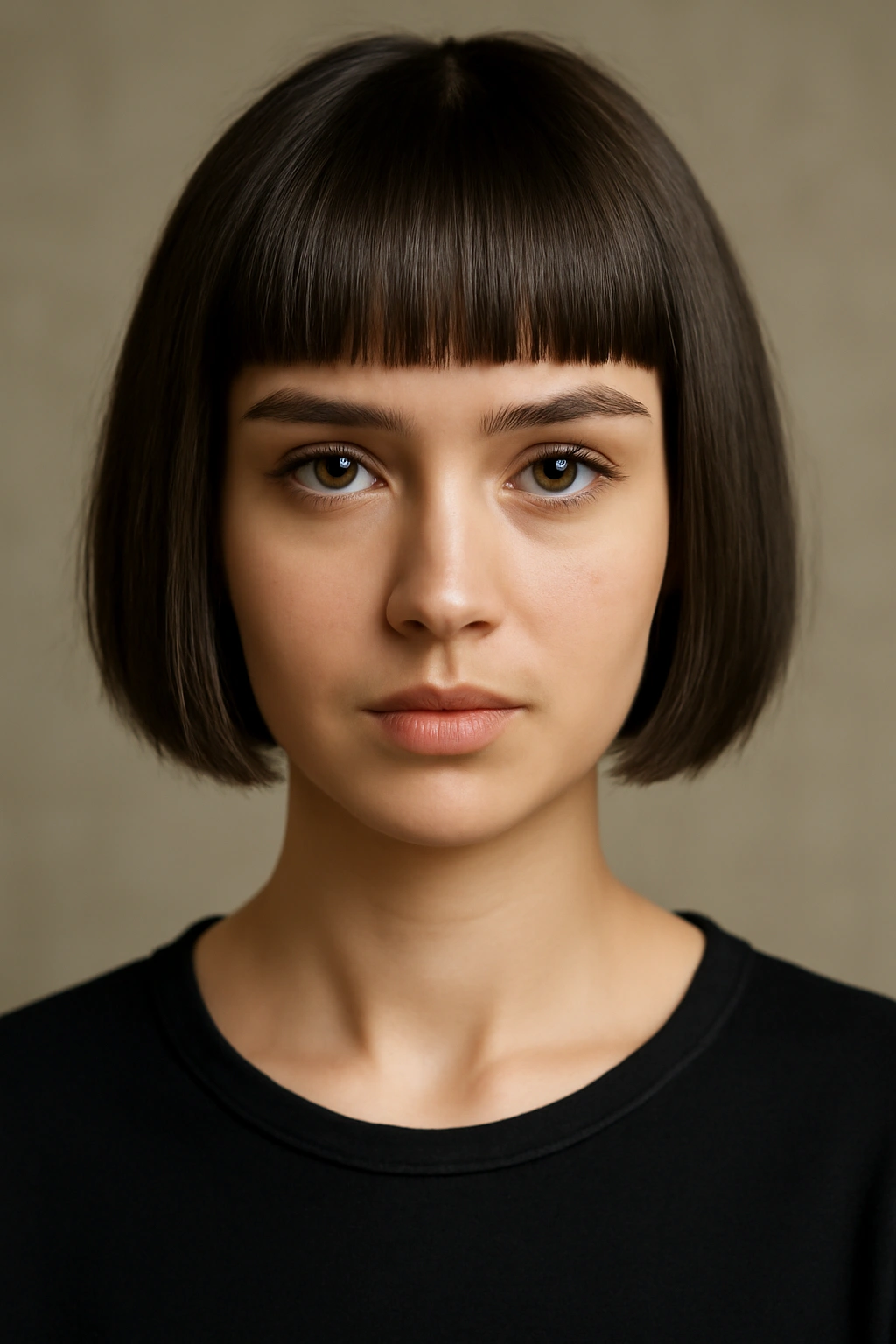 Close-up of a blunt-fringed chin-length bob