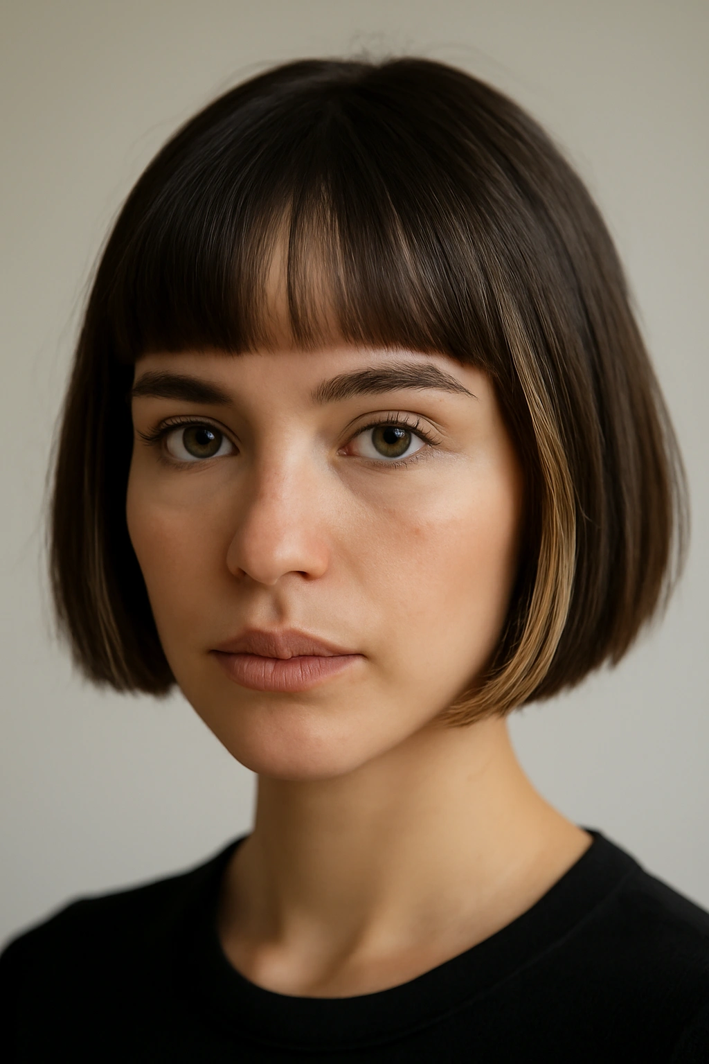 10 Short Haircuts With a Money Piece That Pop 8 Blunt fringe short bob with dimensional pieces framing the eyes