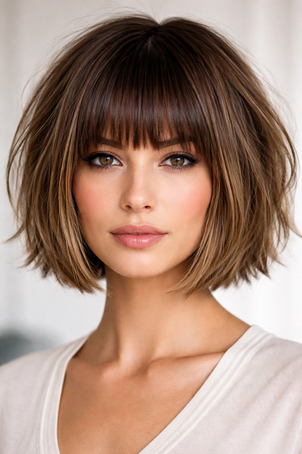 Front view of blunt-fringe bob with layered crown
