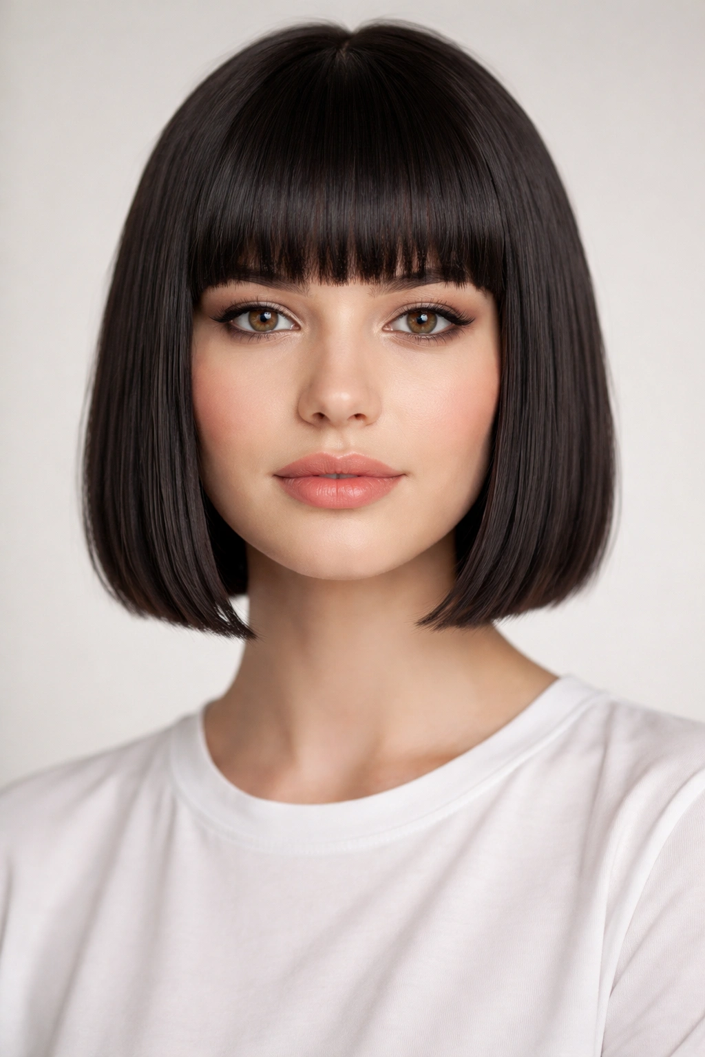 Front view of a blunt bob with straight-across fringe above eyebrows.