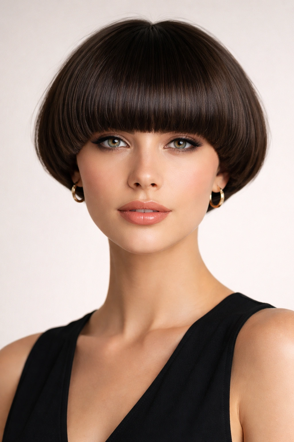 Blunt fringe bowl cut with dramatic forehead fringe