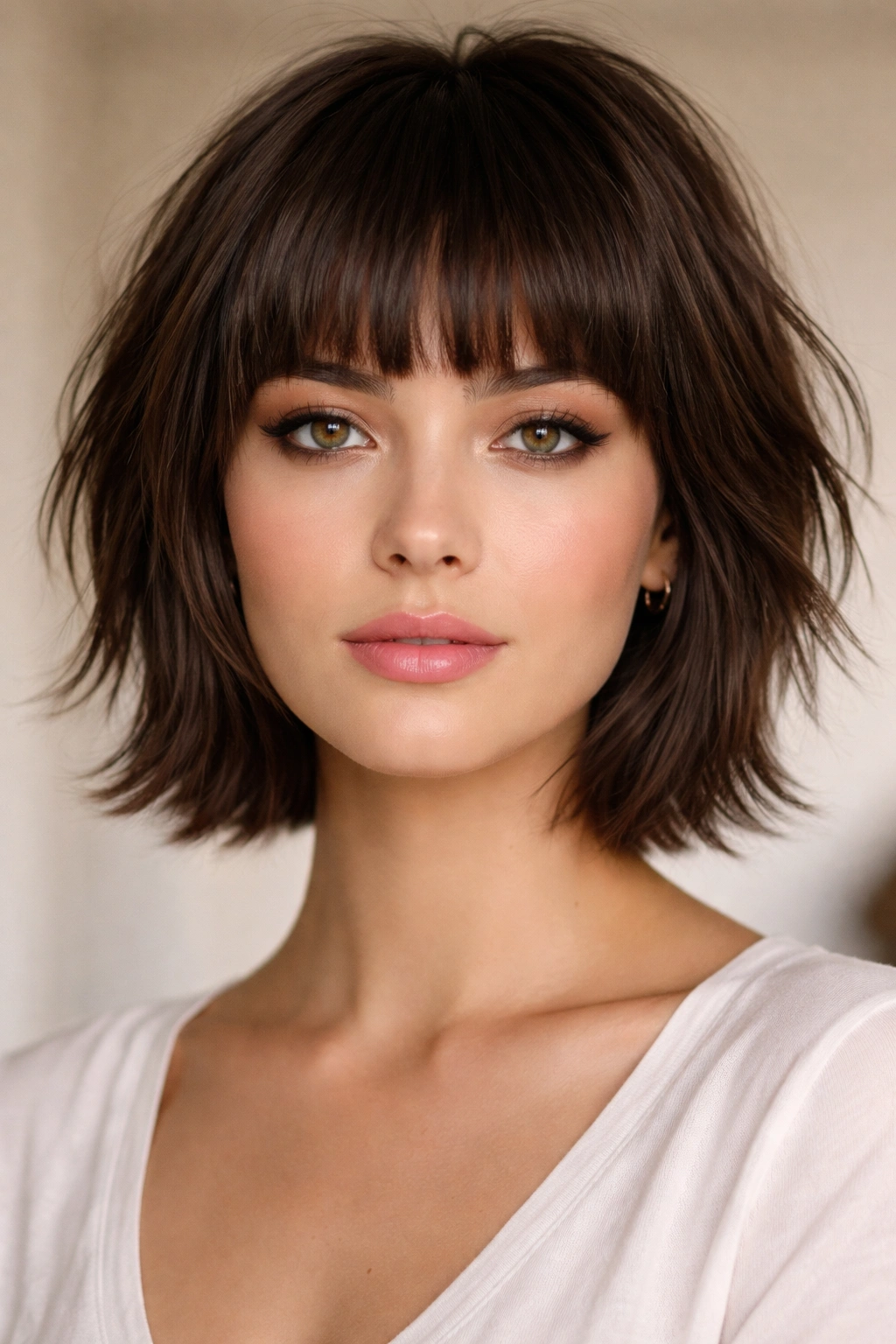 15 Short Haircuts That Look Great On An Oval Face 6 Model with choppy layers and a blunt fringe