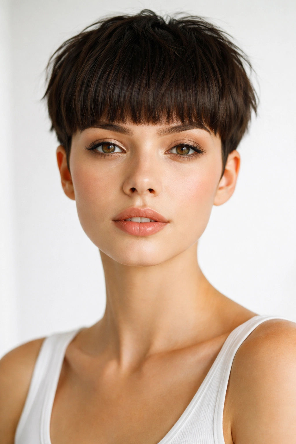 Portrait of a person with a blunt fringe and short crop haircut.