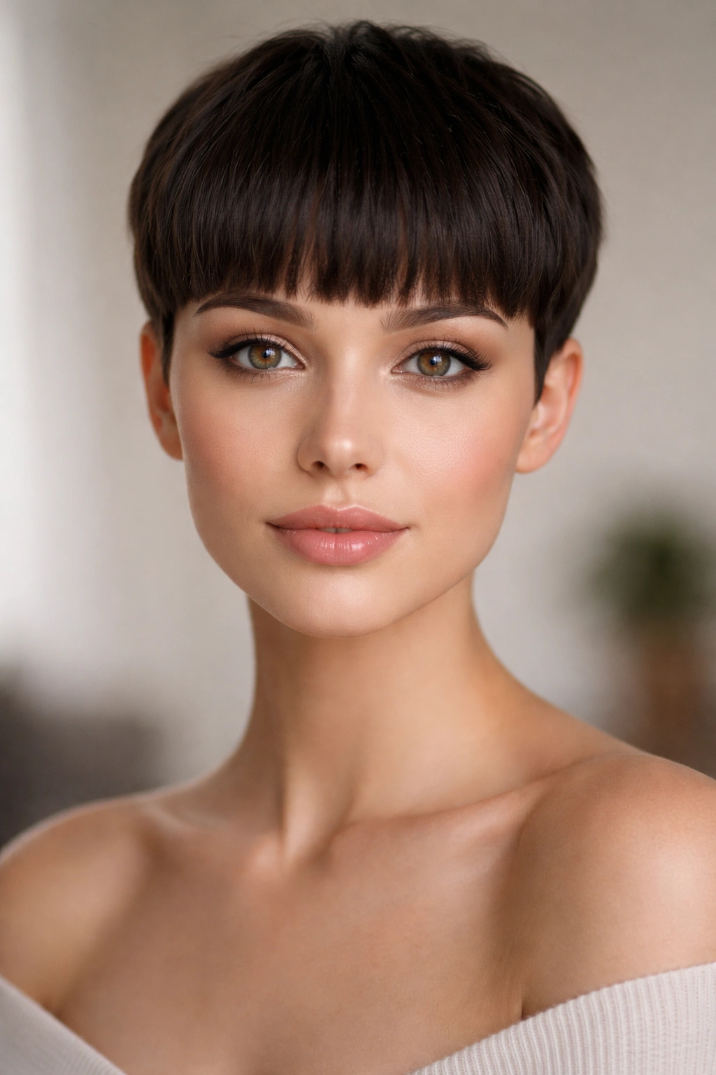 25 Short Haircuts Matched To Your Face Shape 18 Heart-faced model in blunt fringe crop with forehead coverage
