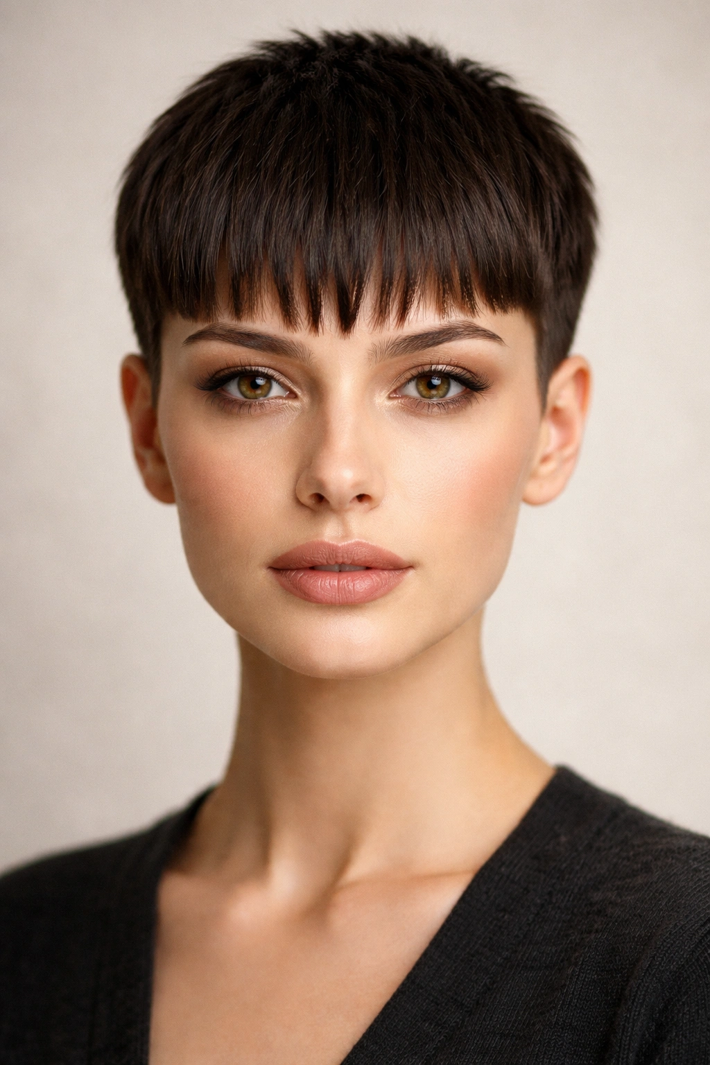 Close-up of blunt crop with a longer front fringe framing the face.