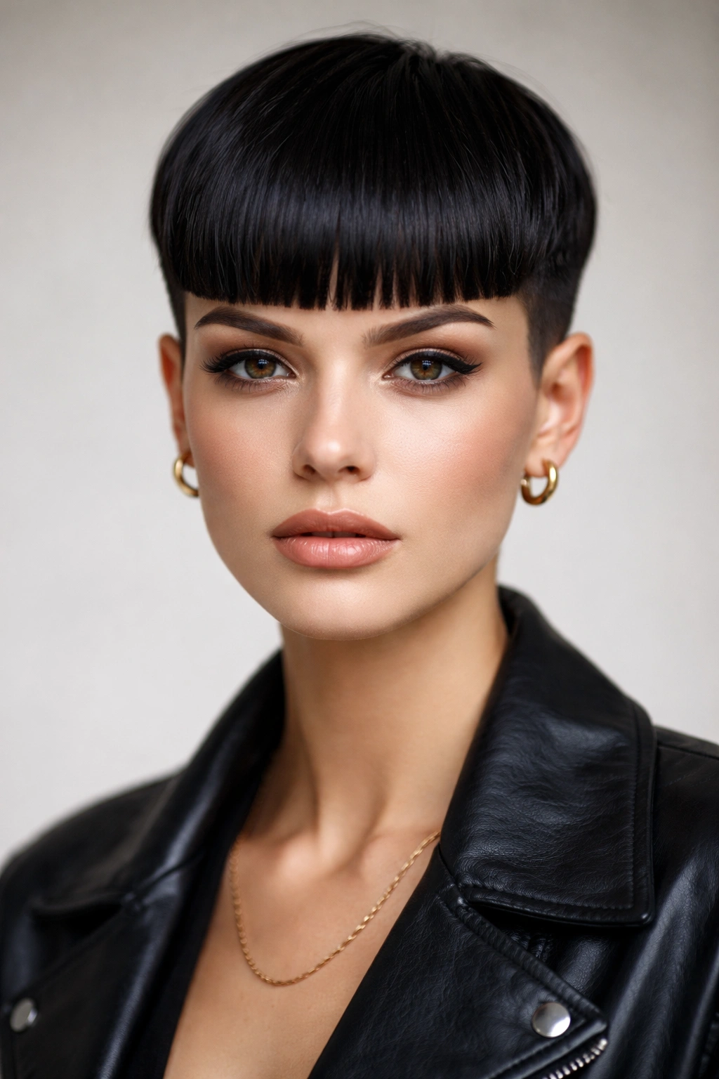 20 Really Short Haircuts Anyone Can Pull Off 26 Portrait of a person with a thick blunt fringe at eyebrow height and cropped sides.