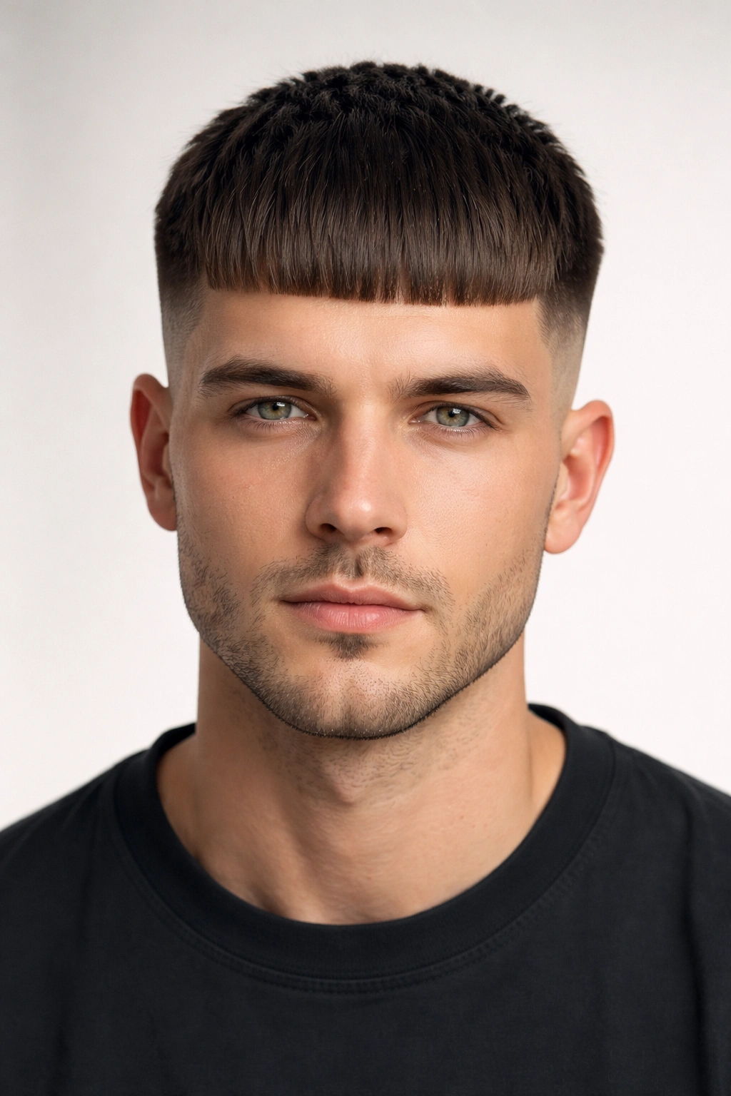 Front view of a man with a blunt fringe and fade sides hairstyle