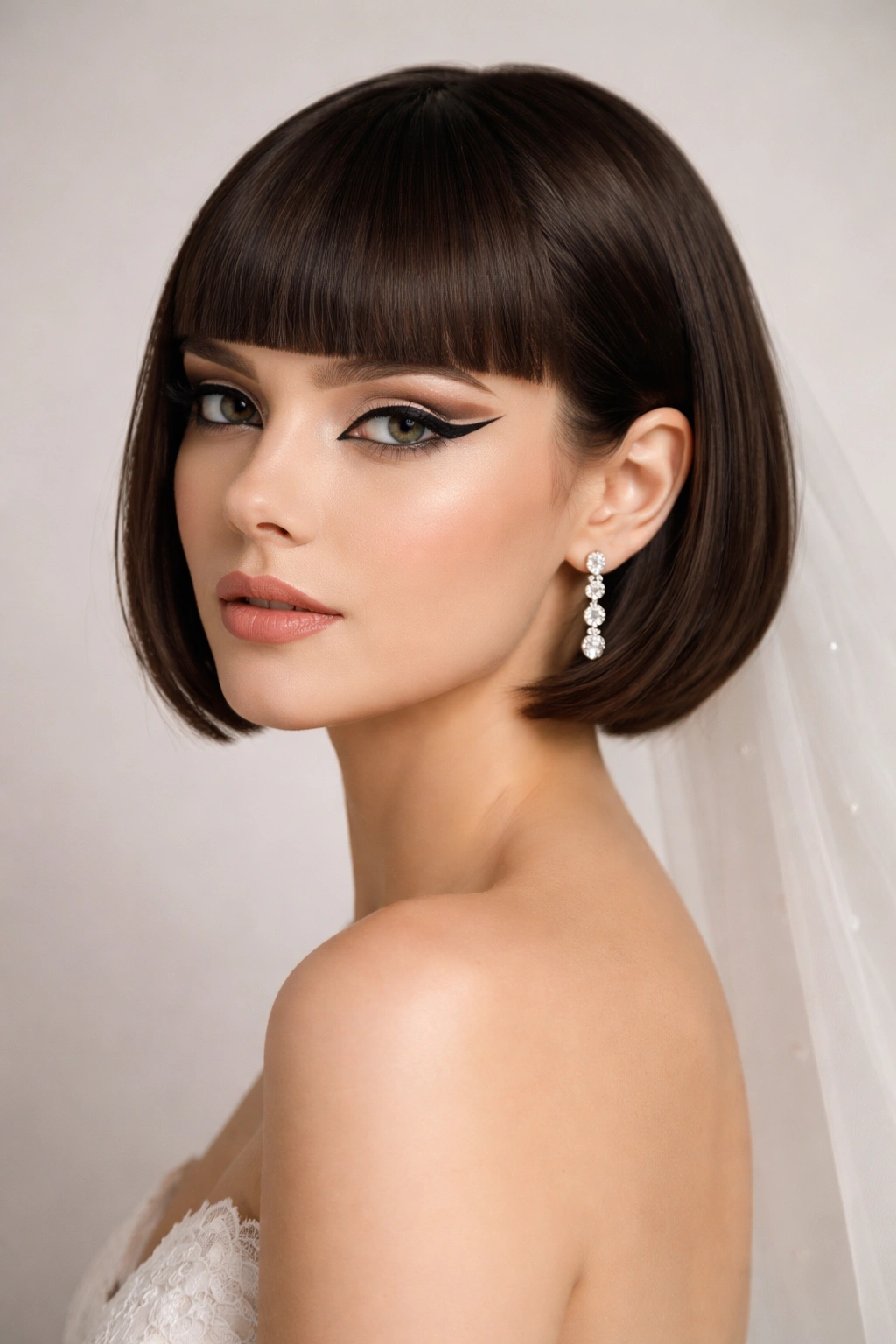 Close-up of a bride with blunt fringe and graphic eyeliner