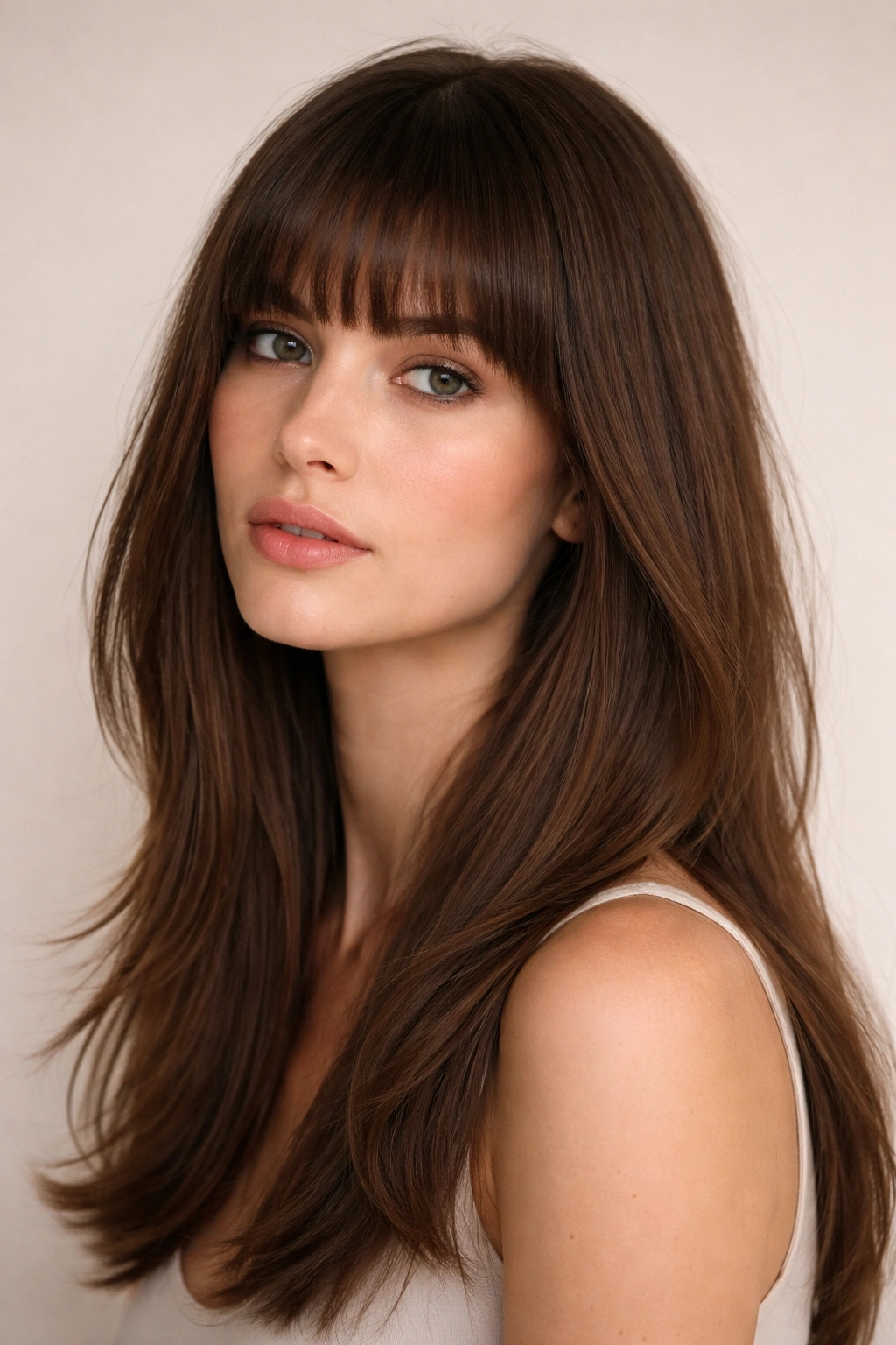 Blunt French fringe with smooth length hairstyle close-up showing bold fringe blending into longer layered hair