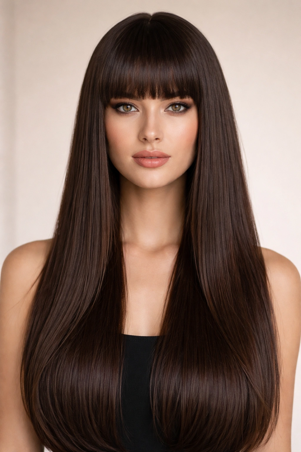 15 Hairstyles That Flatter An Oval Face Shape 14 Front view of blunt fringe with longer hair, crisp fringe line