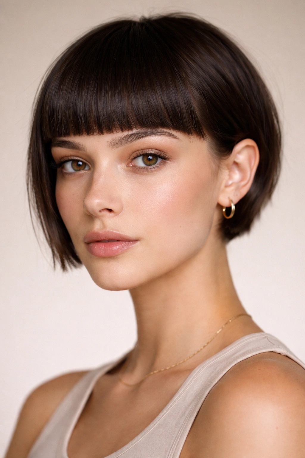 10 Short Haircuts That Look Good Completely Unstyled 10 Portrait showing blunt fringe and short back haircut with geometric contrast