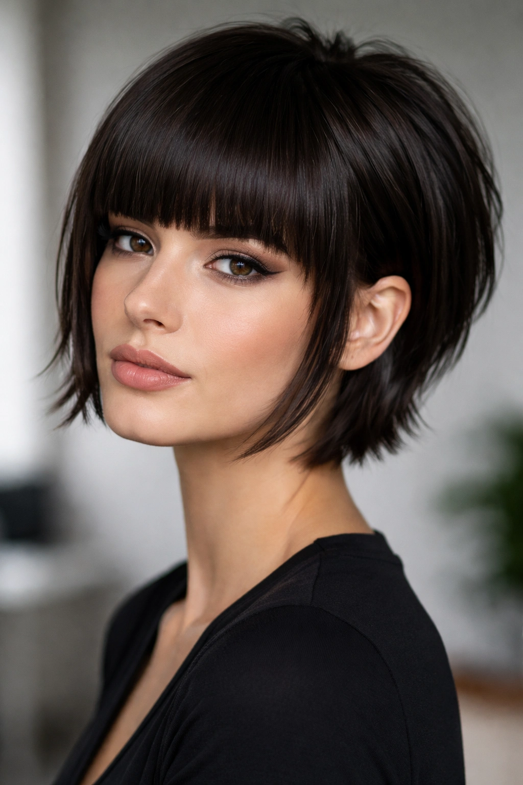 10 Layered Straight Short Cuts That Look So Clean 9 Portrait showing blunt fringe with layered crown on straight hair