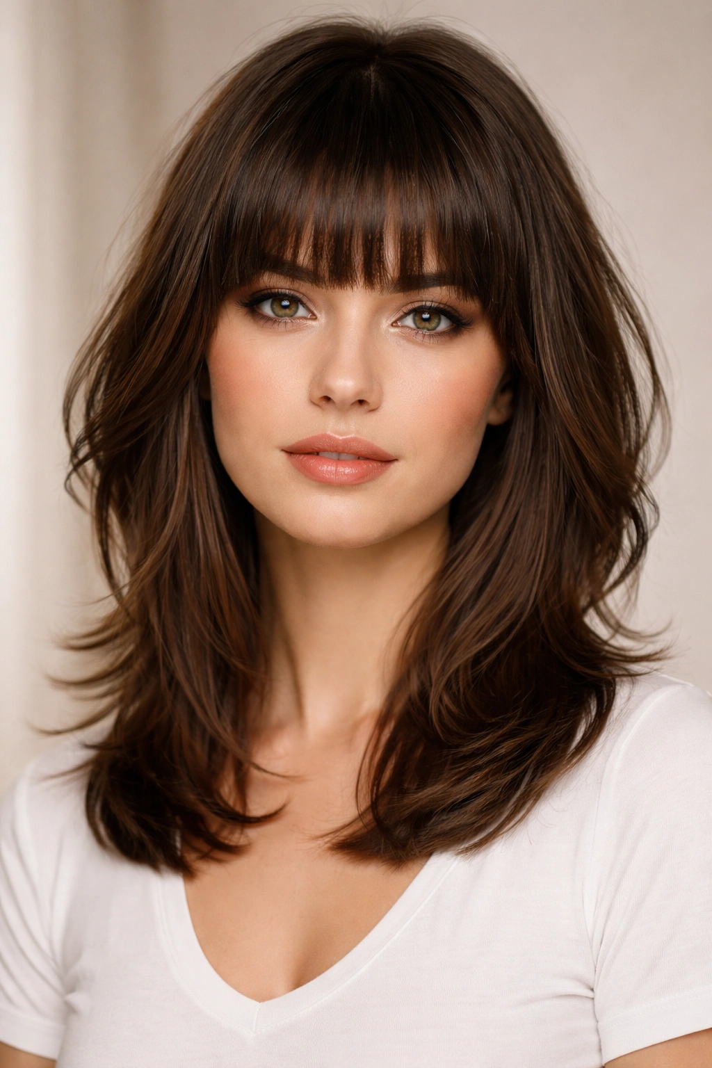 Medium-length hair with blunt fringe and layered ends framing the face