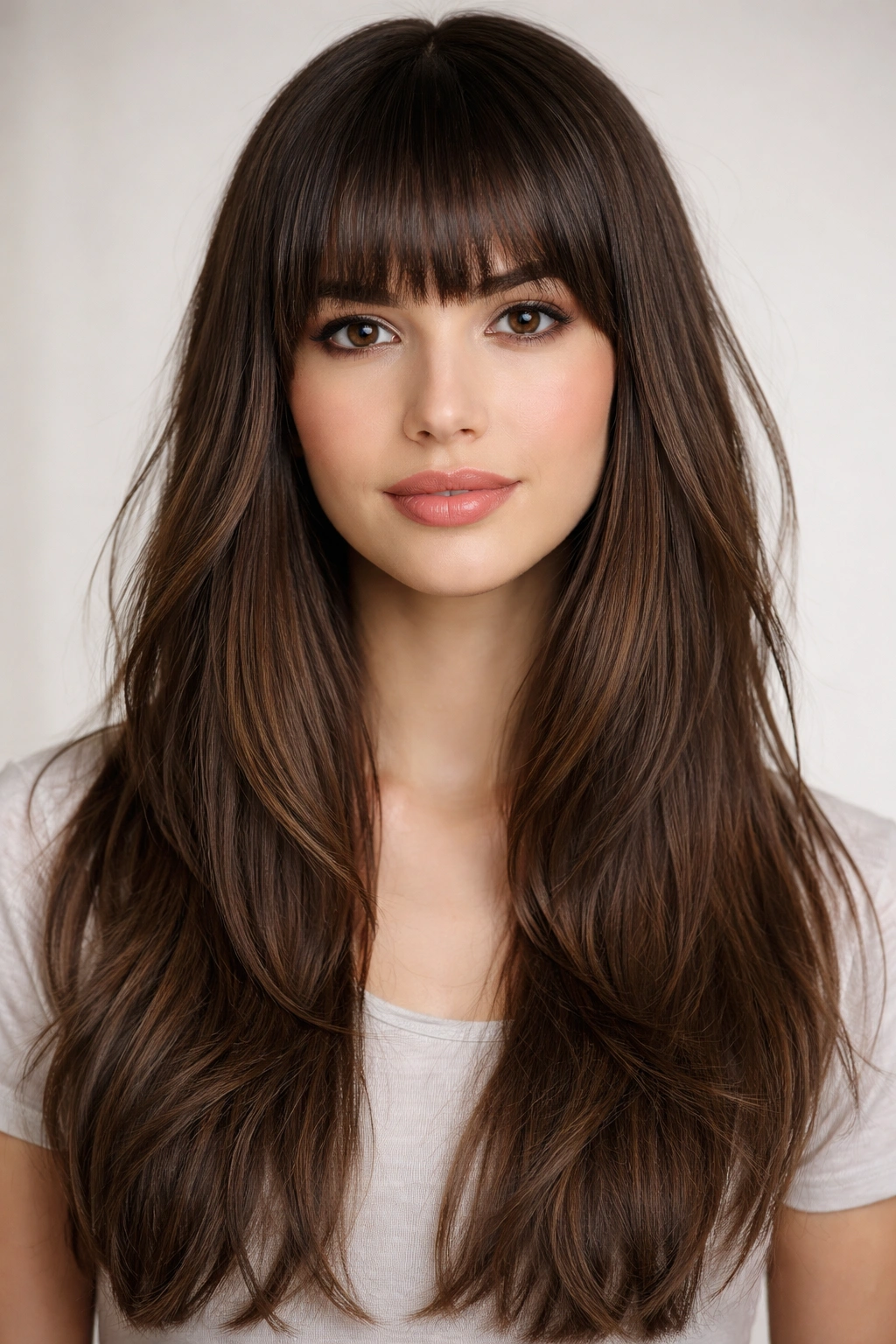 Blunt fringe at eyebrow level with long layered hair beneath