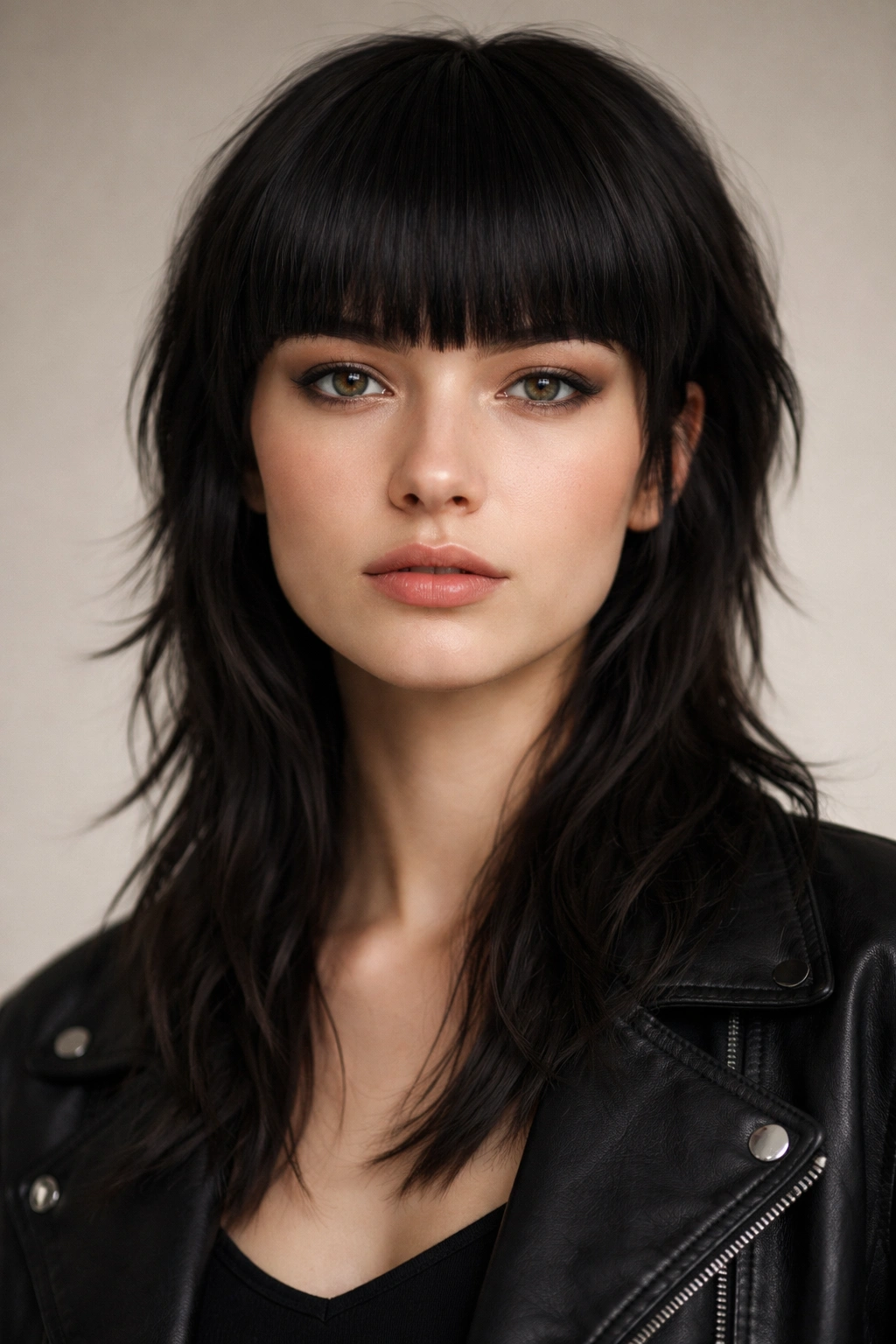Blunt-fringe mullet with straight fringe and layered back.