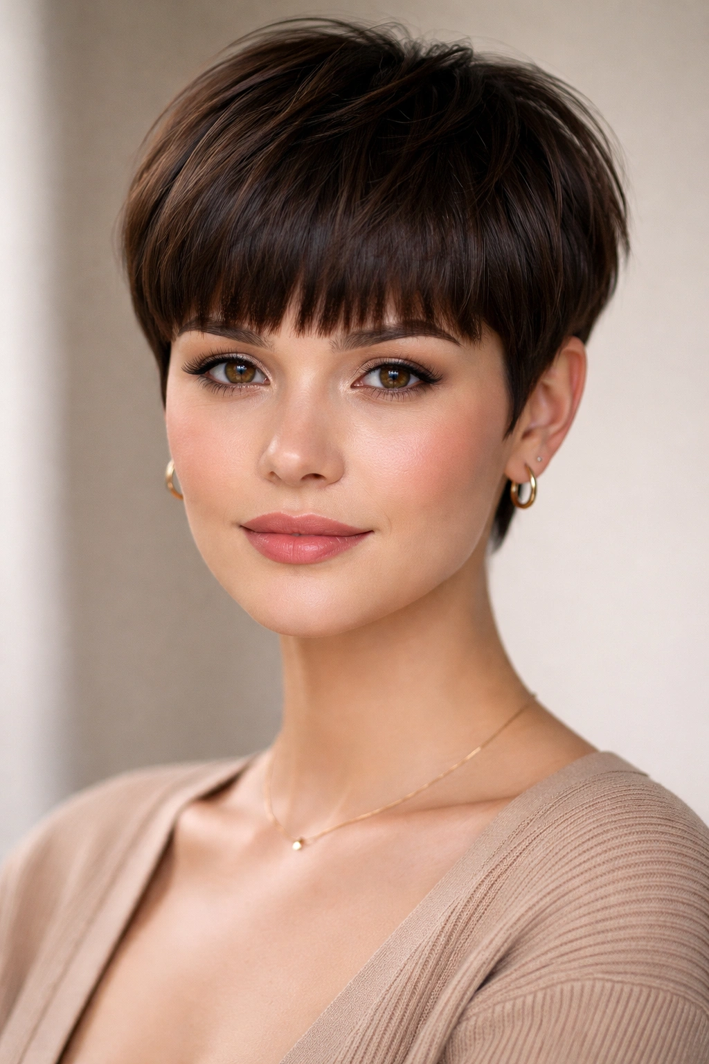 12 Pixie Haircuts With Bangs For Round Faces 4 Head-and-shoulders portrait of blunt fringe pixie with soft layers