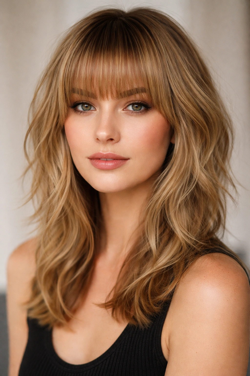 Blunt fringe shag on fine hair for oval face with bold fringe