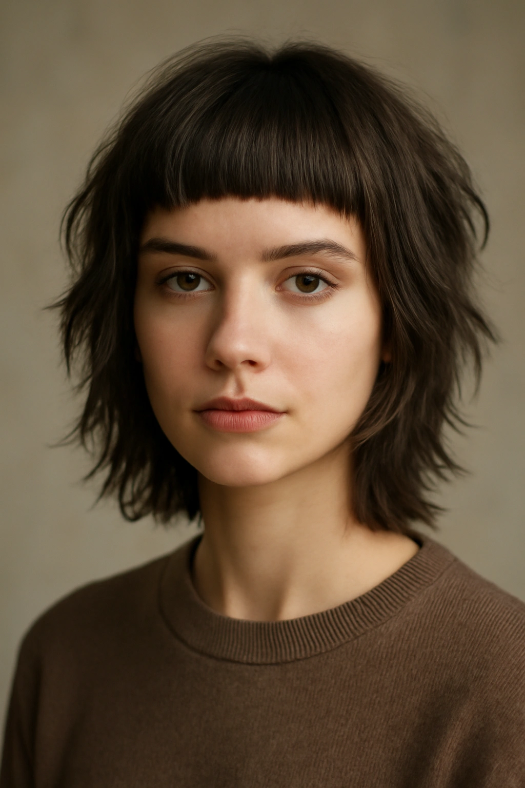 20 Short Shag Haircuts for Easy, Effortless Mornings 10 Portrait of blunt fringe shag with straight fringe and textured layers.