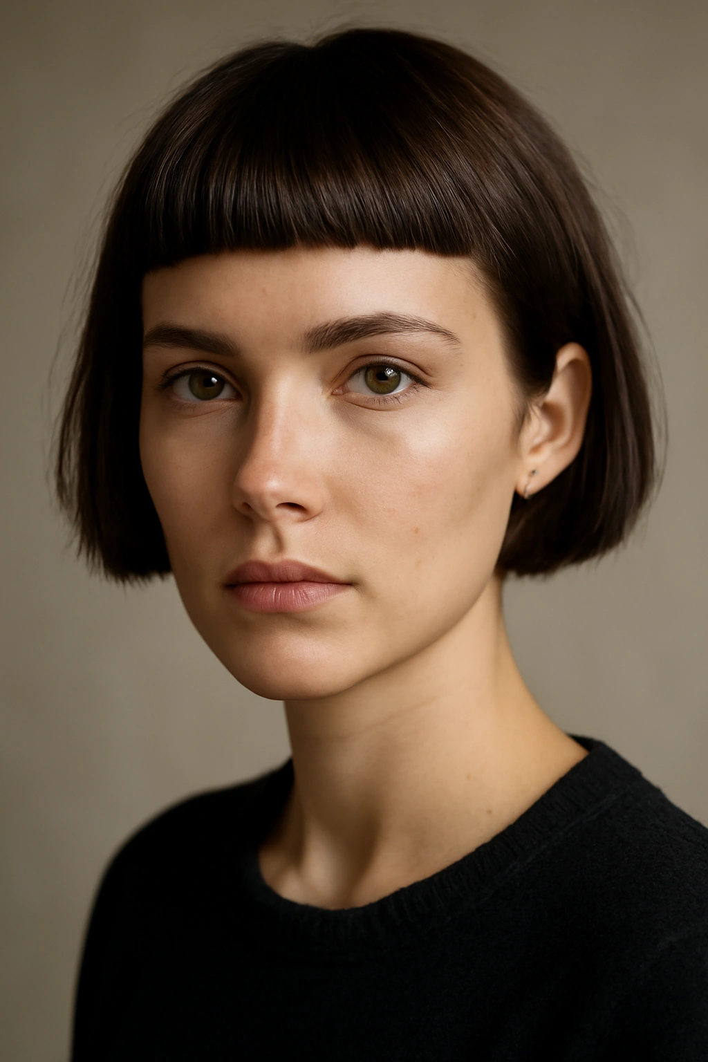 25 Short Hairstyles That Will Instantly Upgrade Your Look 9 Short hair with a blunt fringe highlighting the eyes and cheekbones.