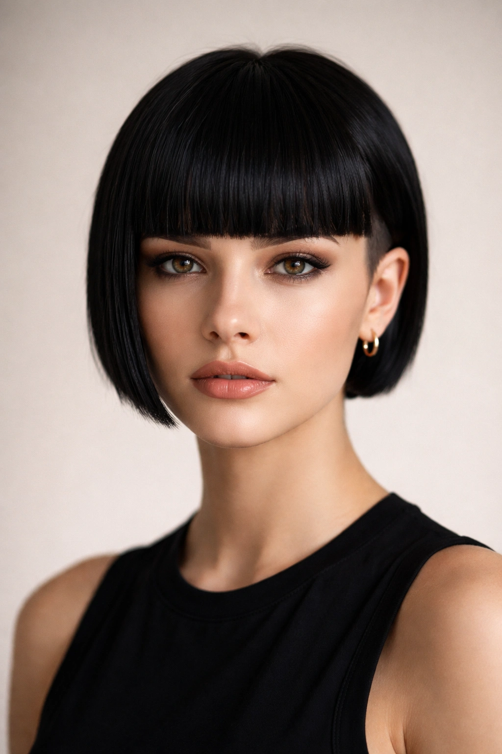 15 Short Haircuts That Work Best On Straight Hair 3 Portrait of a person with a blunt fringe and short sides on straight hair