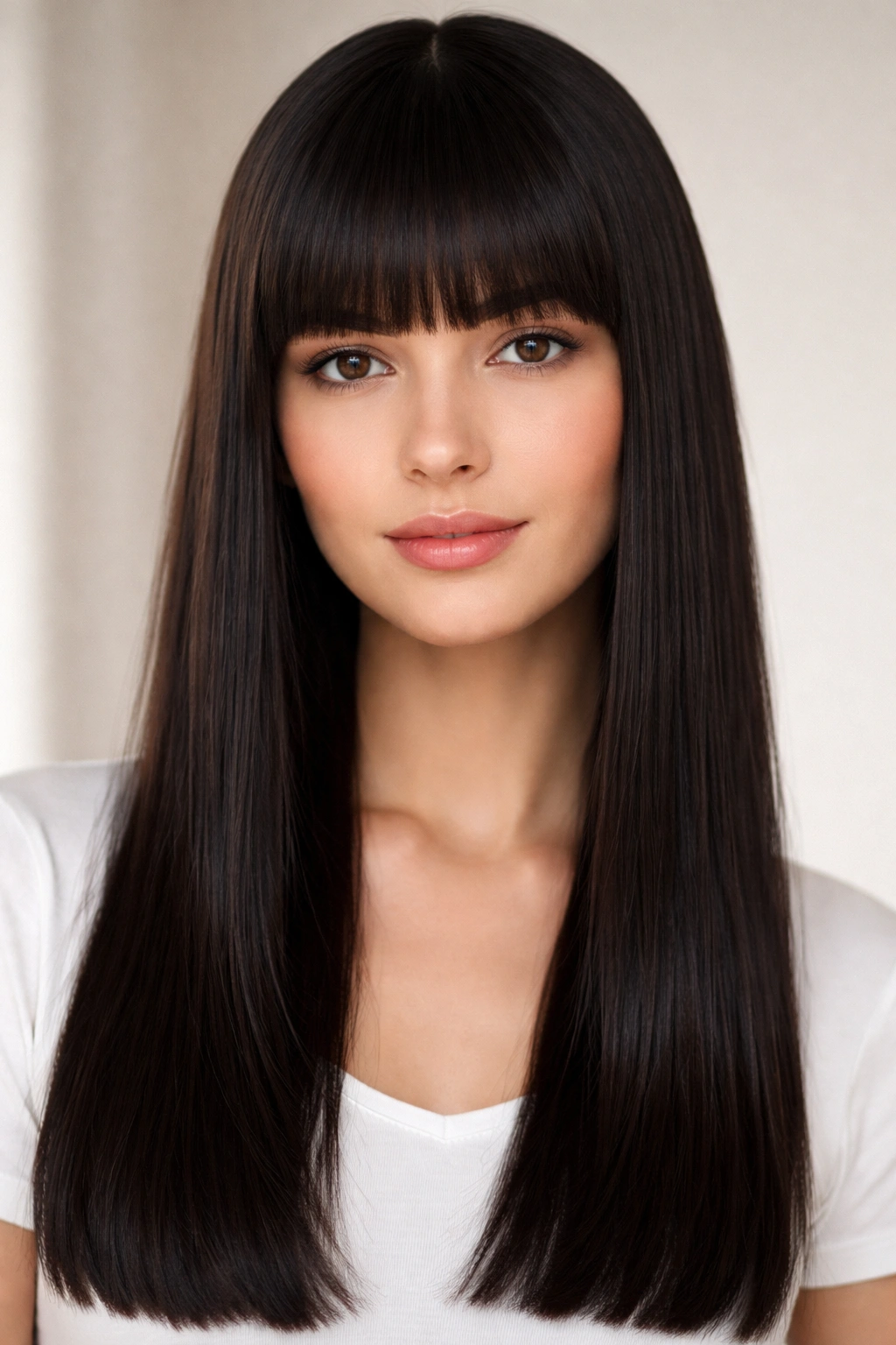 Close-up portrait of blunt fringe with straight hair